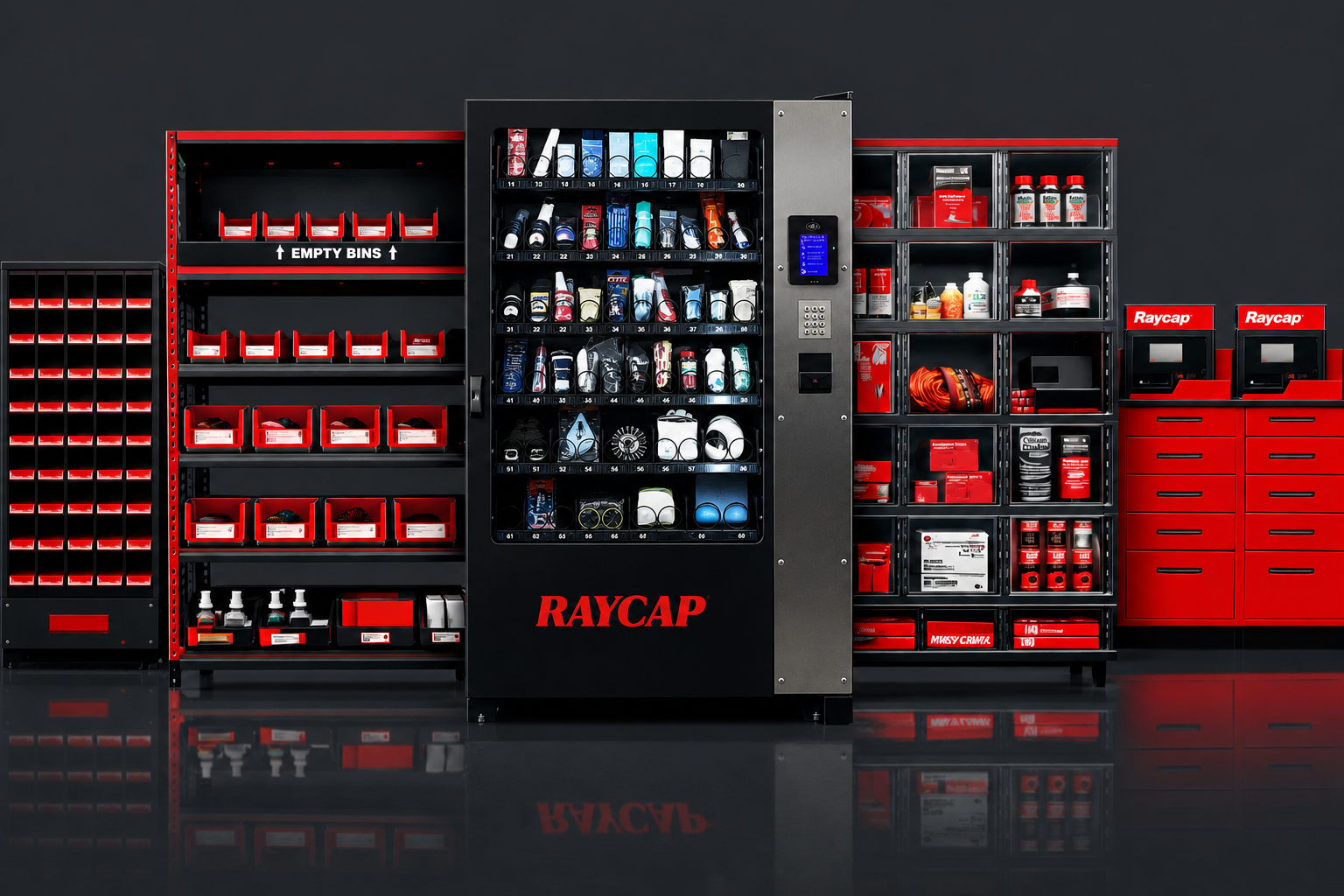 Raycap VMI ecosystem — industrial vending machines, bin shelving and on-site inventory management for MRO supply programs